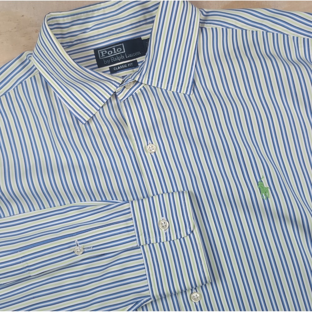 Polo Ralph Lauren Classic Fit Green Blue Striped Cotton Dress Shirt L